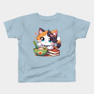 Kawaii cat loves ramen and books Kids T-Shirt